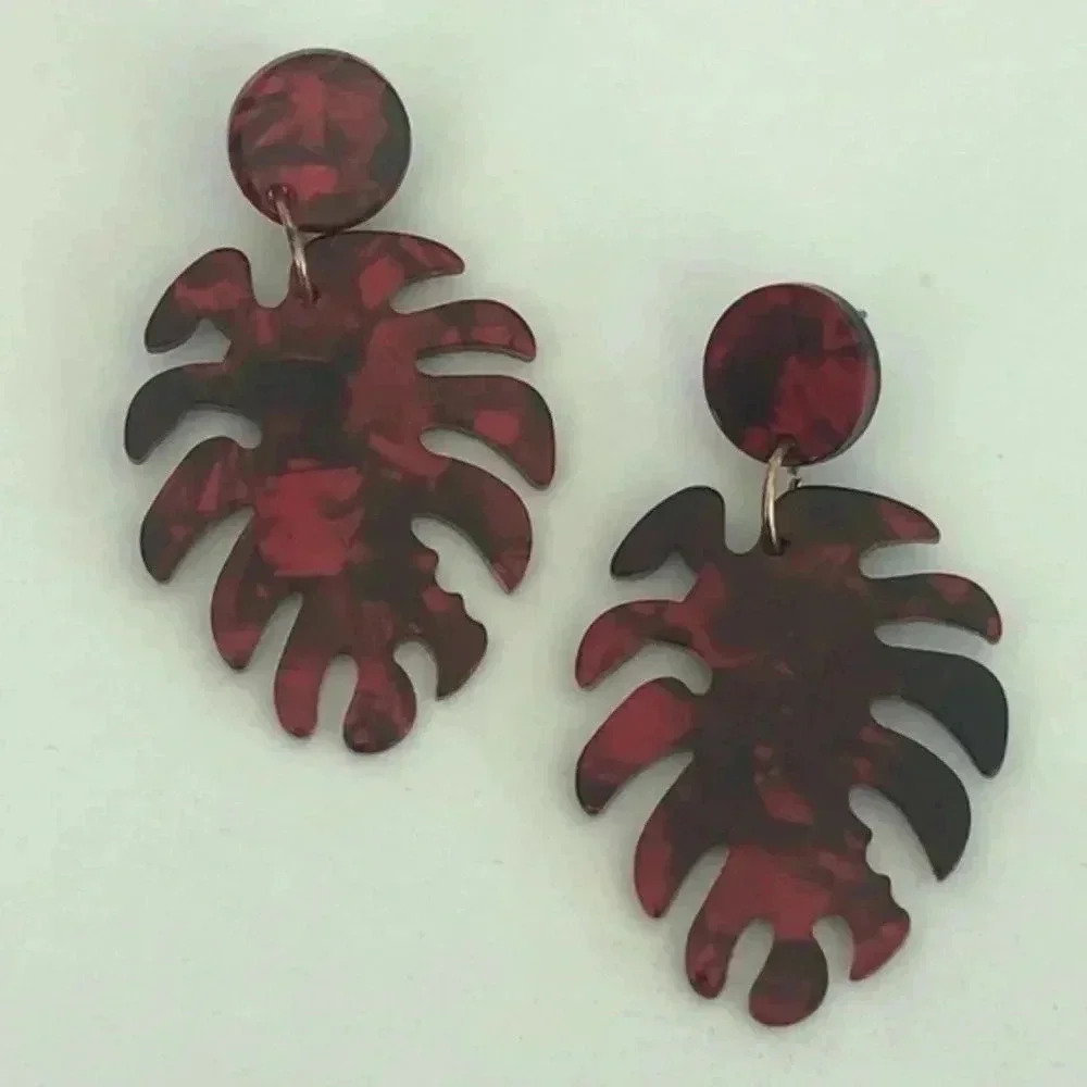 Red Tropical Hawaiian Palm Style Acrylic Drop Earrings NWT